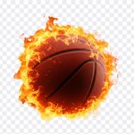 Fiery basketball ablaze, intense orange and red flames engulfing the ball. Dramatic fire basketball image for blog post