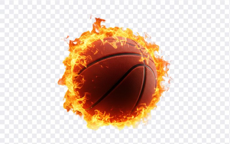 Fiery basketball ablaze, intense orange and red flames engulfing the ball. Dramatic fire basketball image for blog post